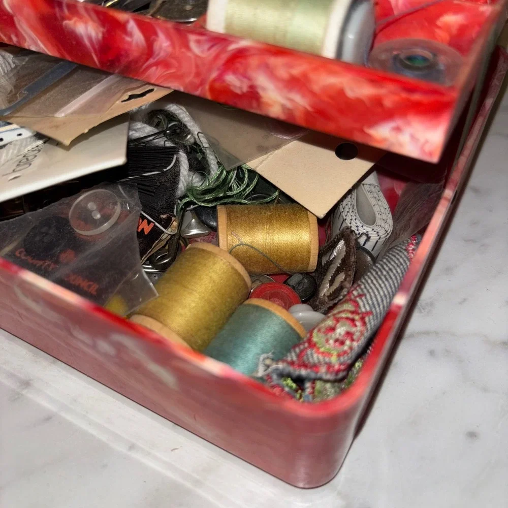 Vintage Red Marbled Sewing Box with Cats Yarn Lid and Notions Thread Needles Kit